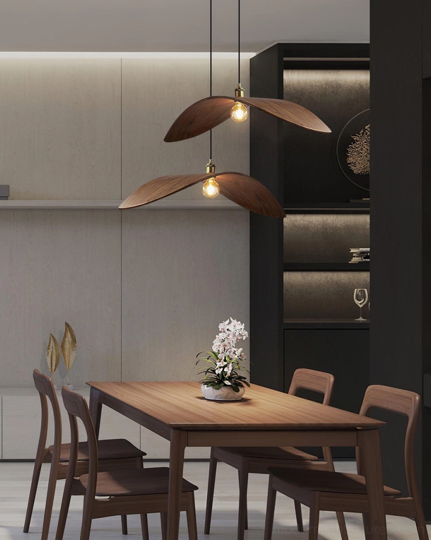 Walnut leaf pendant lamp displaying curved wooden shade and warm brass hardware in modern interior setting