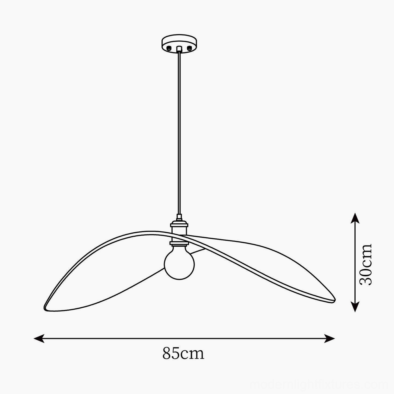 Technical schematic drawing of walnut leaf pendant lamp with marked dimensions showing 85cm width and 30cm height
