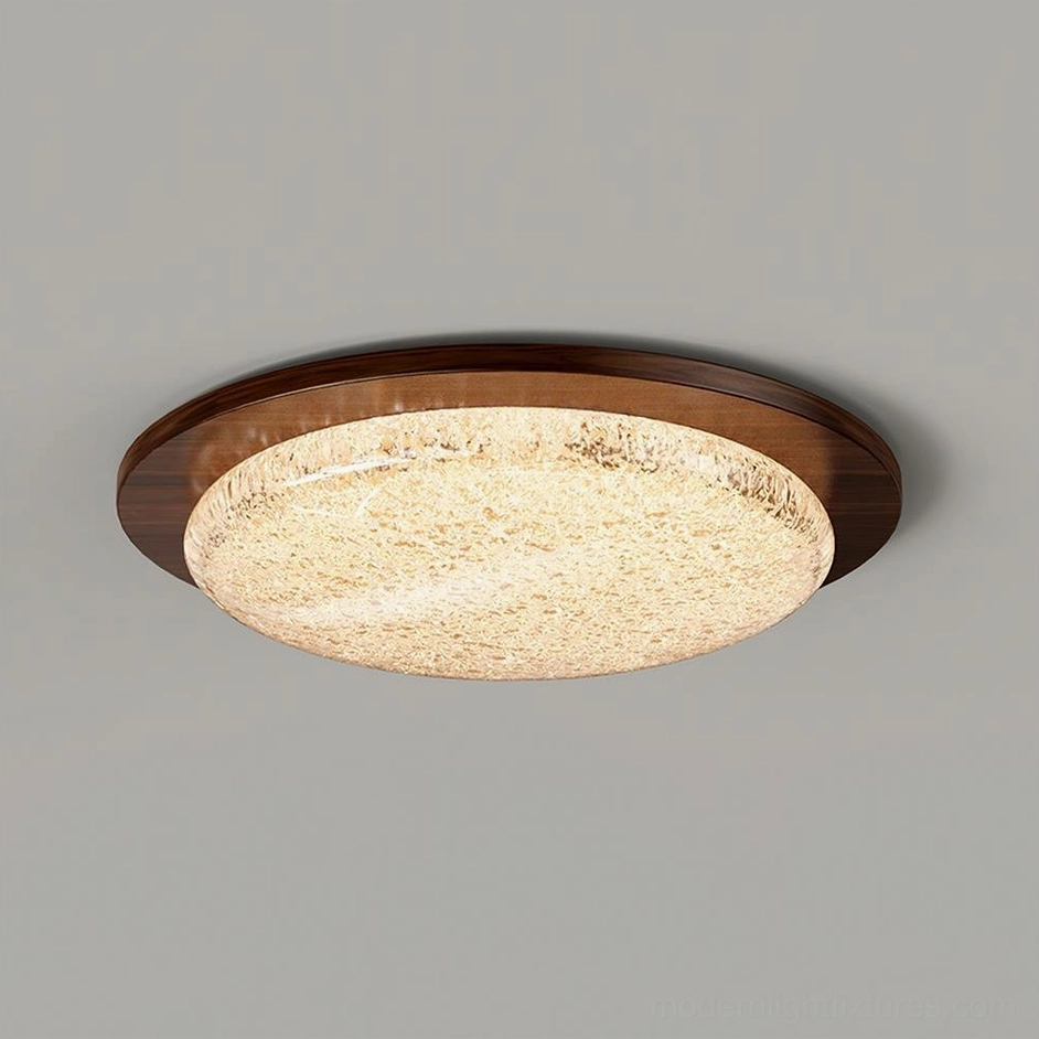 Walnut color LED flush mount ceiling light with warm white 3000K glow - product showcase