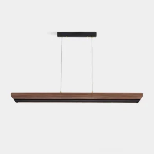 Modern walnut linear pendant chandelier front view on white background, minimalist dining light fixture