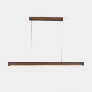 Walnut wood linear pendant chandelier with metal suspension cables in minimalist design, front view on white background