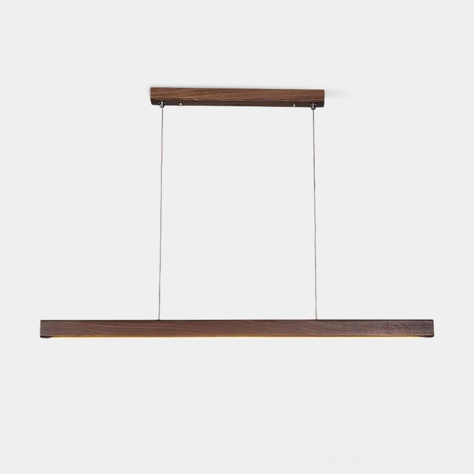 Walnut wood linear pendant chandelier with metal suspension cables in minimalist design, front view on white background