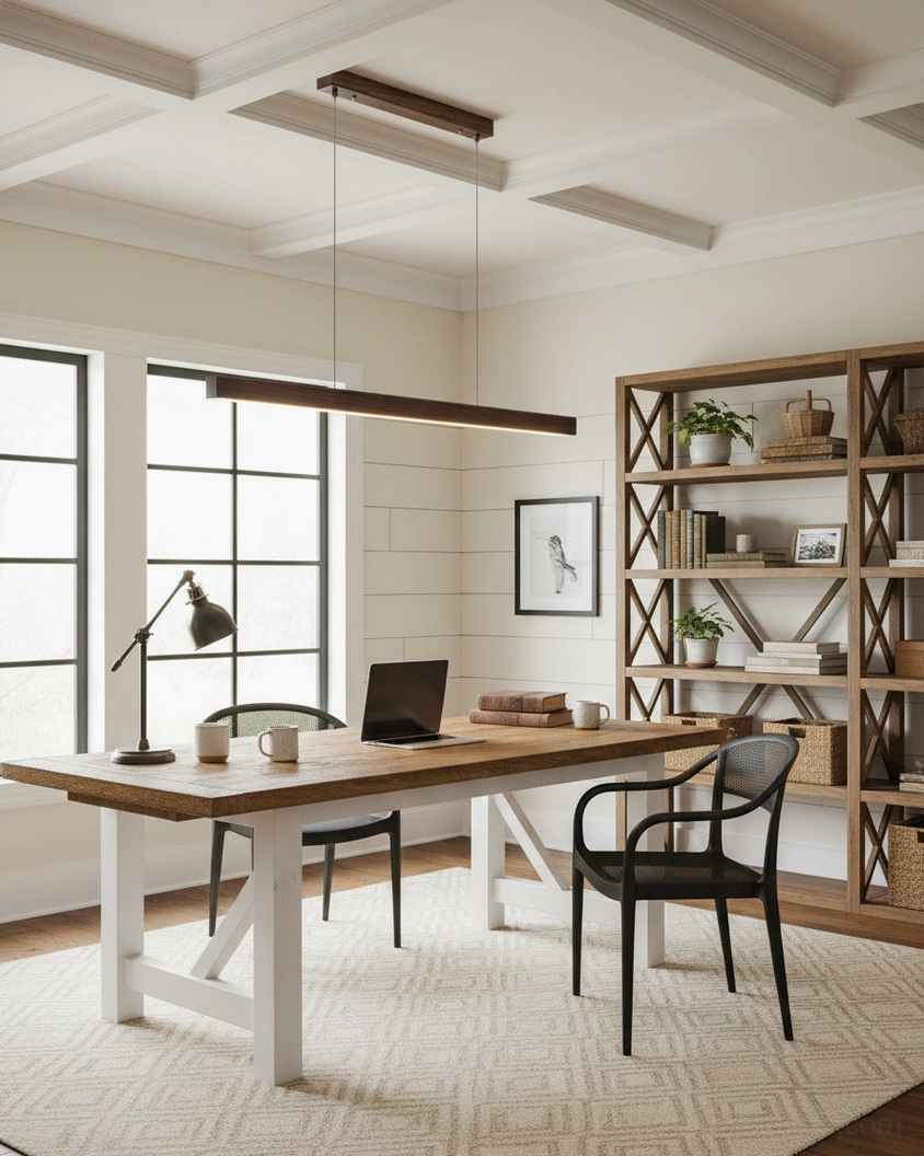 Walnut wood linear pendant light fixture with integrated LED technology and adjustable suspension cable detail