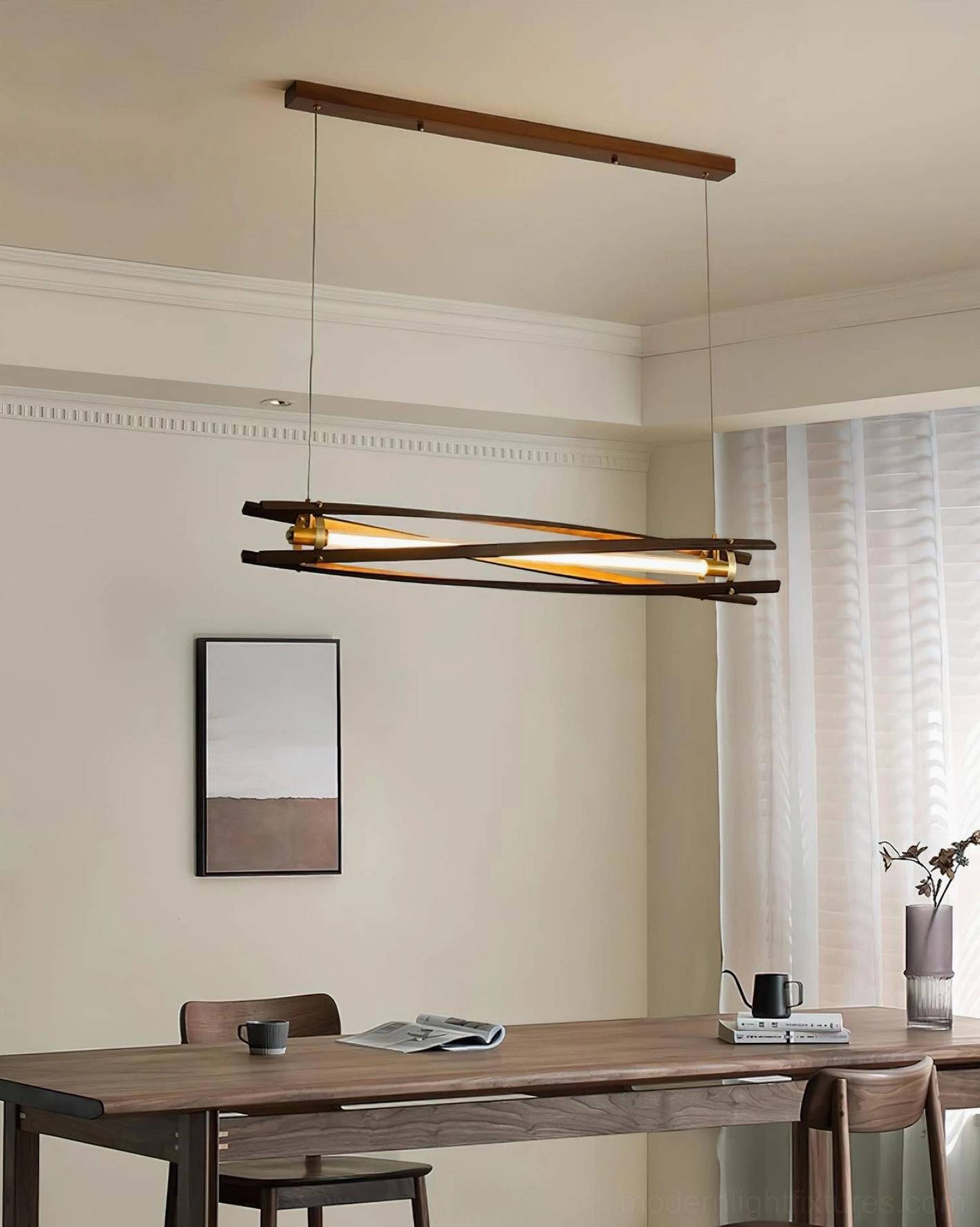 Dark walnut modern linear wood chandelier in Japandi-style residential dining room with warm ambiance
