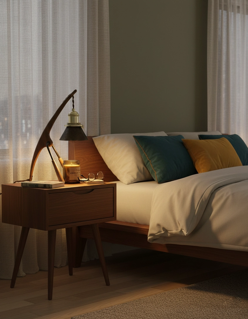 Walnut wood mantis wax warmer lamp with brass accents, halogen heat source, dimmer compatible