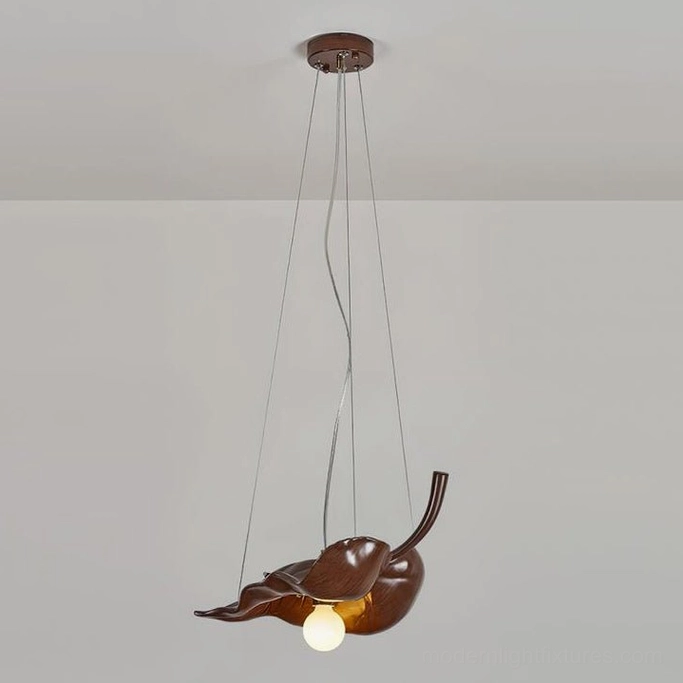 Walnut color maple leaf shaped pendant light, organic modern design for contemporary homes