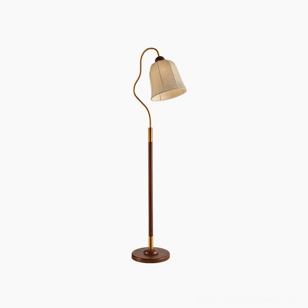 Walnut mid-century arc floor lamp with fabric shade and round wooden base, versatile room placement