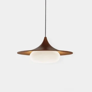 Walnut wood-grain modern pendant light with frosted acrylic diffuser, overhead studio view