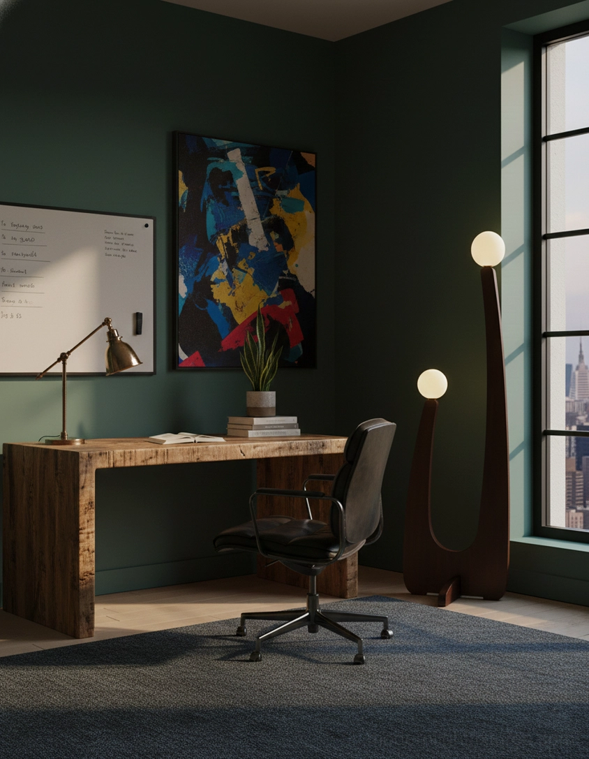Sculptural wooden floor lamp with warm walnut oak finish and soft-diffusing frosted glass globes