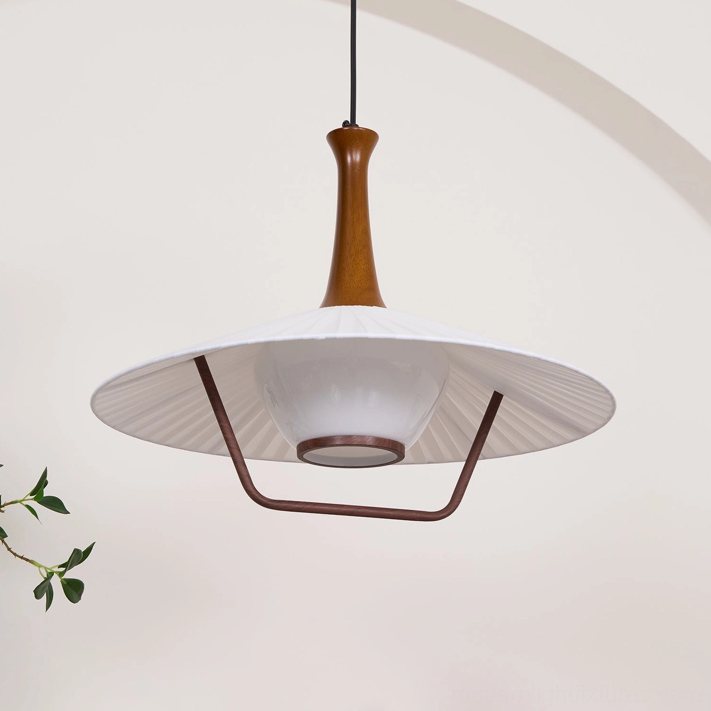 Walnut wood pendant lamp brass metal connector hardware detailed construction view