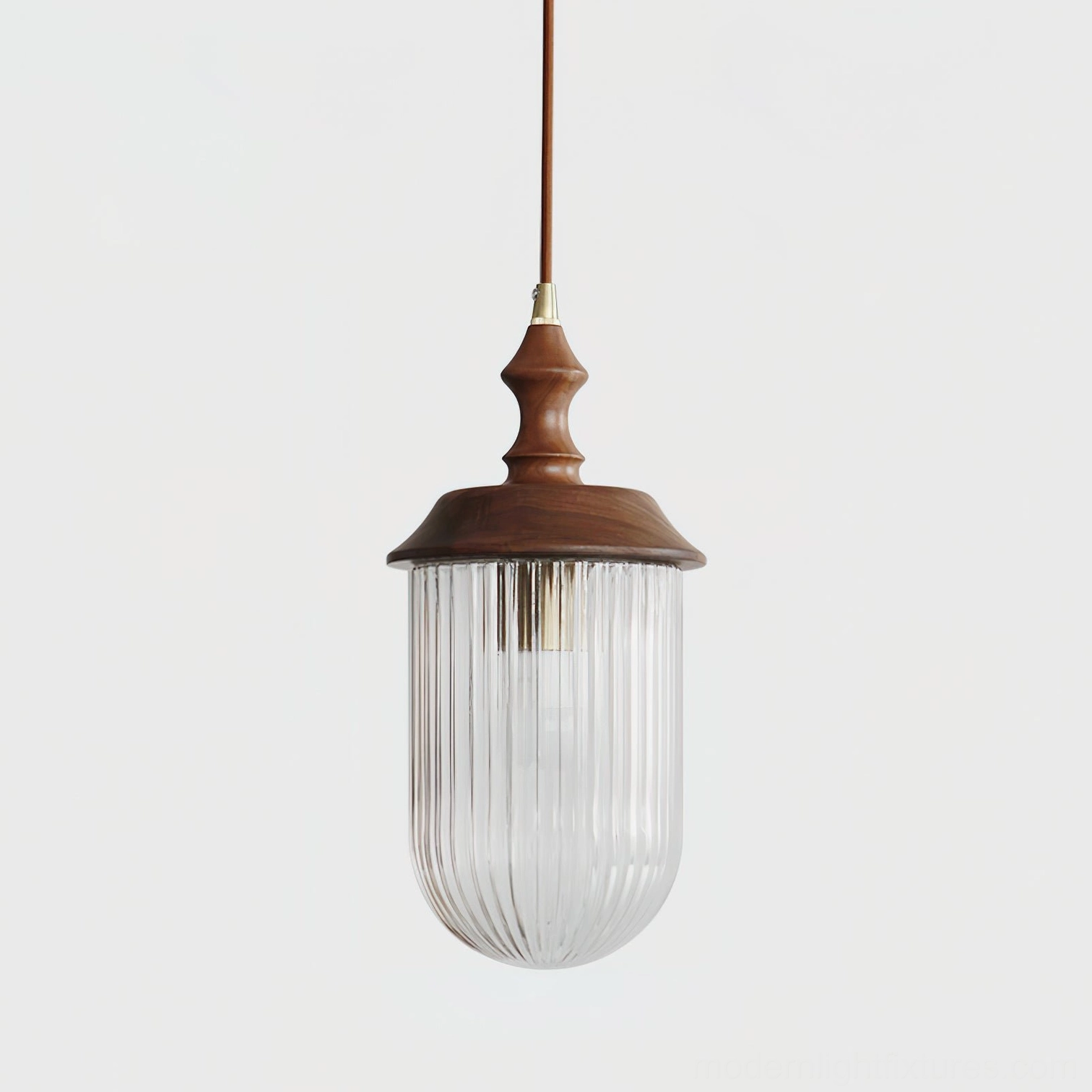 Walnut color pendant lamp with clear fluted glass shade minimalist mid-century modern design