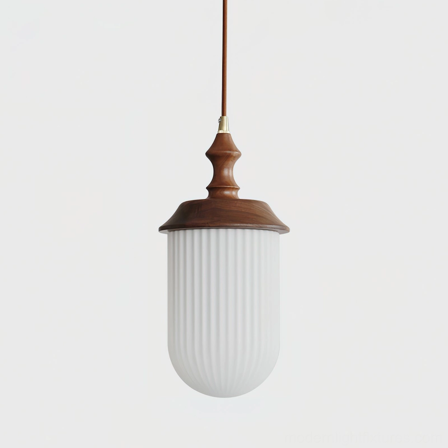 Walnut color pendant lamp with white frosted glass shade soft ambient lighting japandi aesthetic