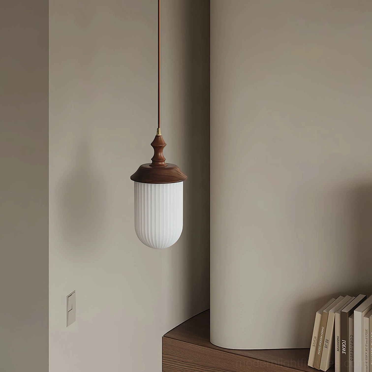 Veyra pendant lamp hanging in corner with walnut brown top and white fluted glass shade, side suspended view