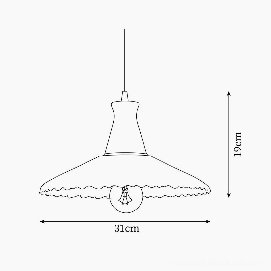 Technical schematic diagram of walnut pendant lamp showing size dimensions 31cm width and 19cm height measurements