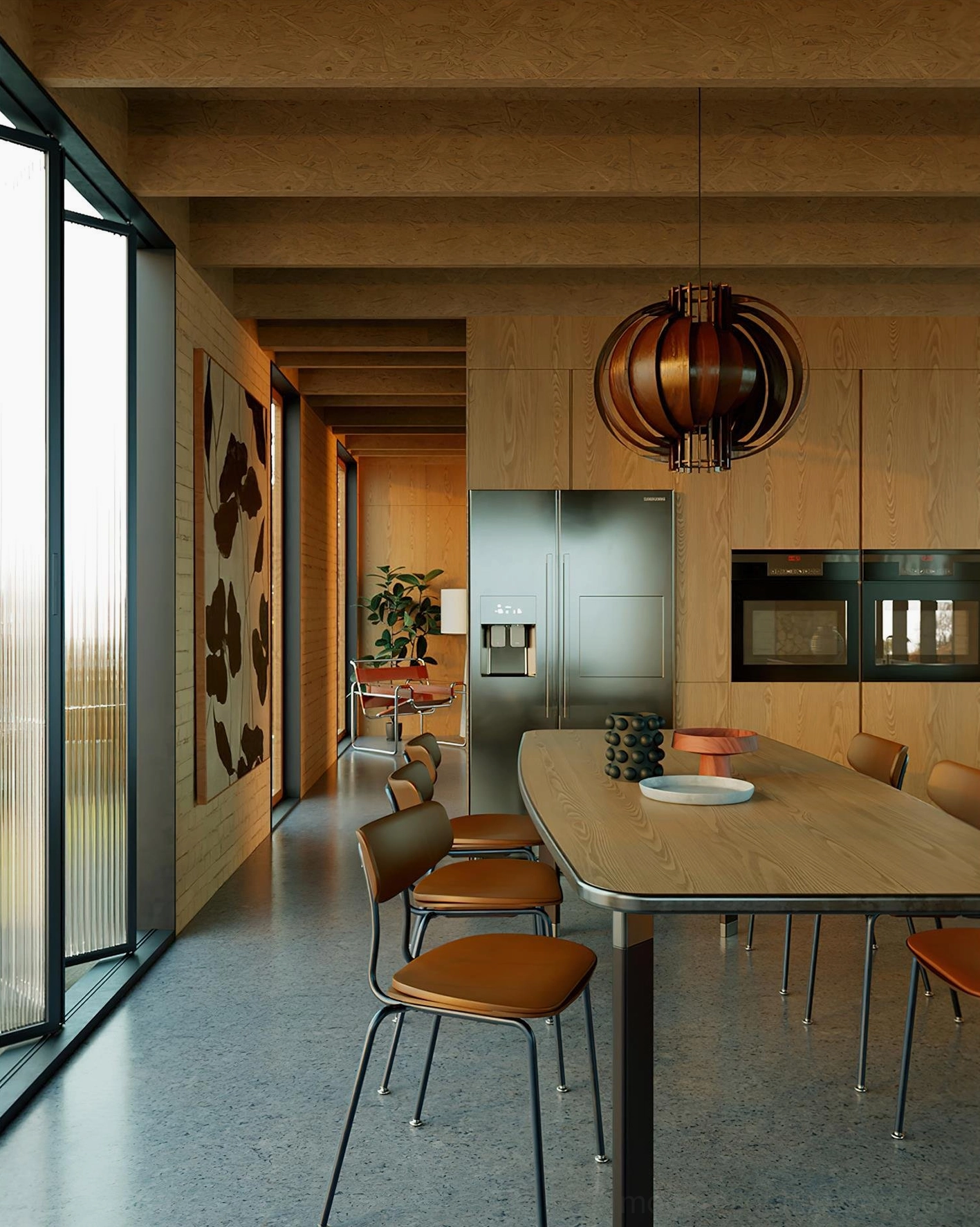 Dark walnut wood pendant light installation in warm contemporary dining room with wooden decor coordination