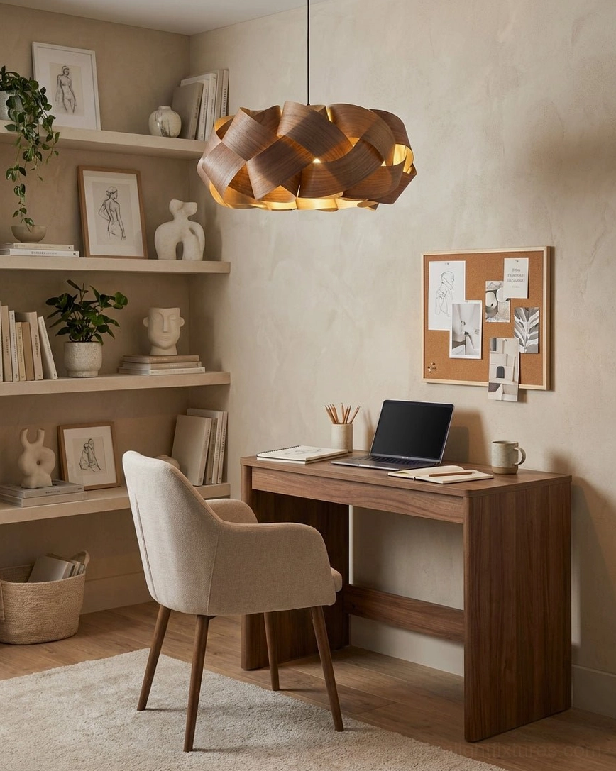 Contemporary modern dining room with hand-woven walnut pendant light casting woven shadow pattern above table