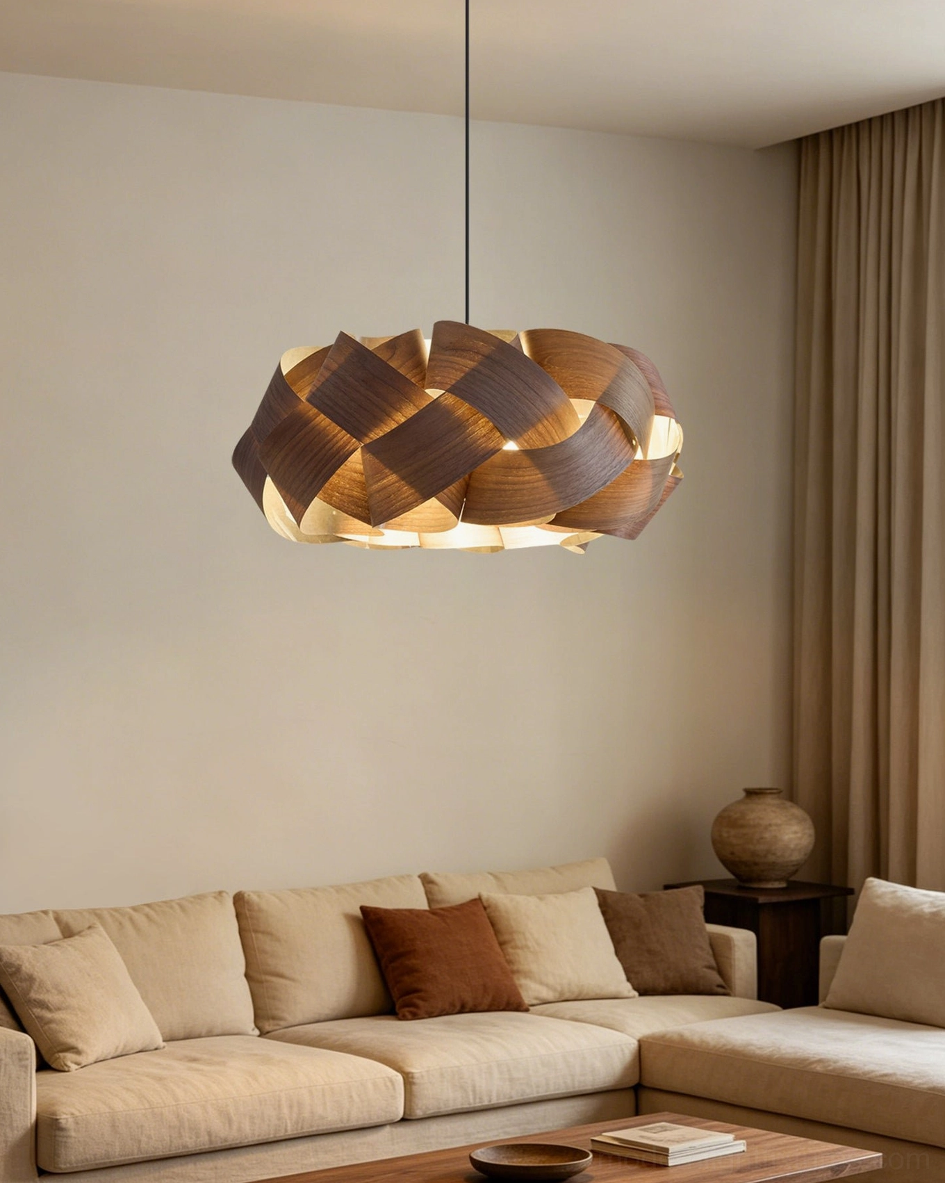 Wabi-sabi walnut hand-woven pendant light in warm living room lounge with linen sofa ambient glow