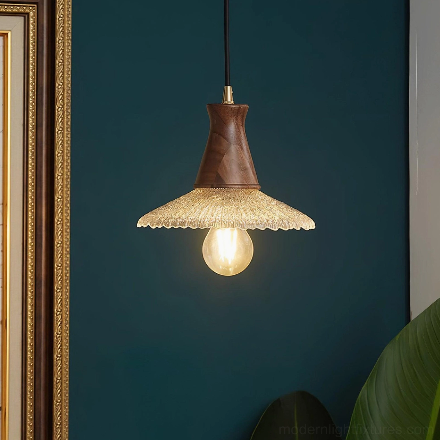 Walnut wood pendant light size comparison showing small diameter 21cm clear glass shade