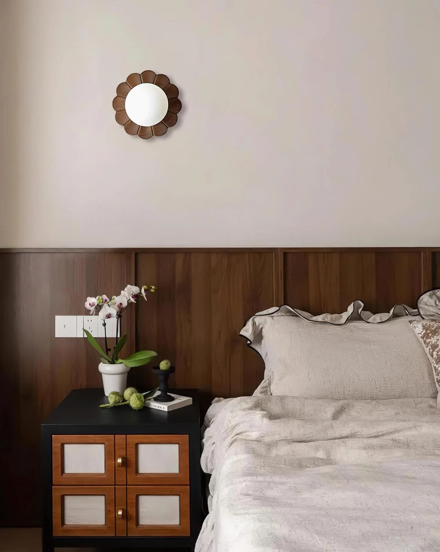 Botanical petal wall sconce walnut finish in contemporary bedroom with modern furnishings