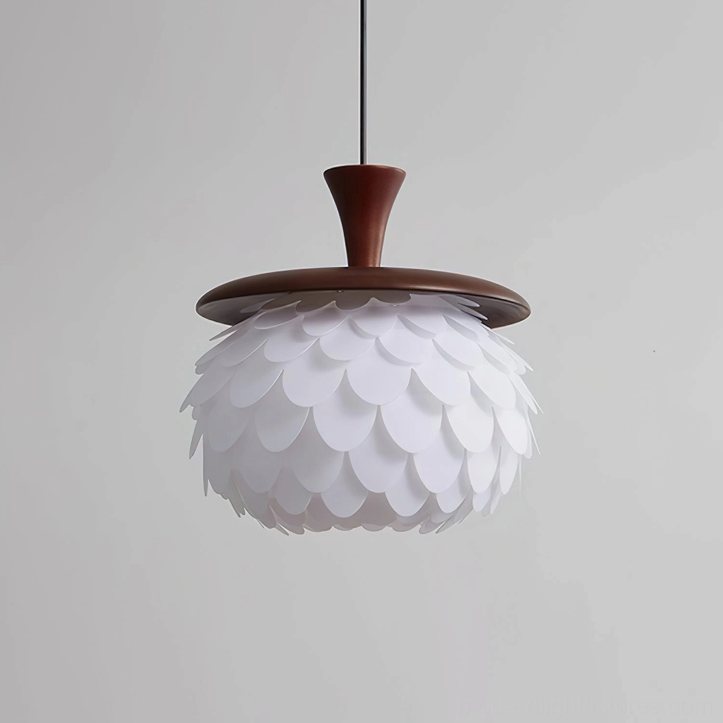 Modern pinecone pendant ceiling light in walnut color finish with white acrylic shade - full product view for size reference