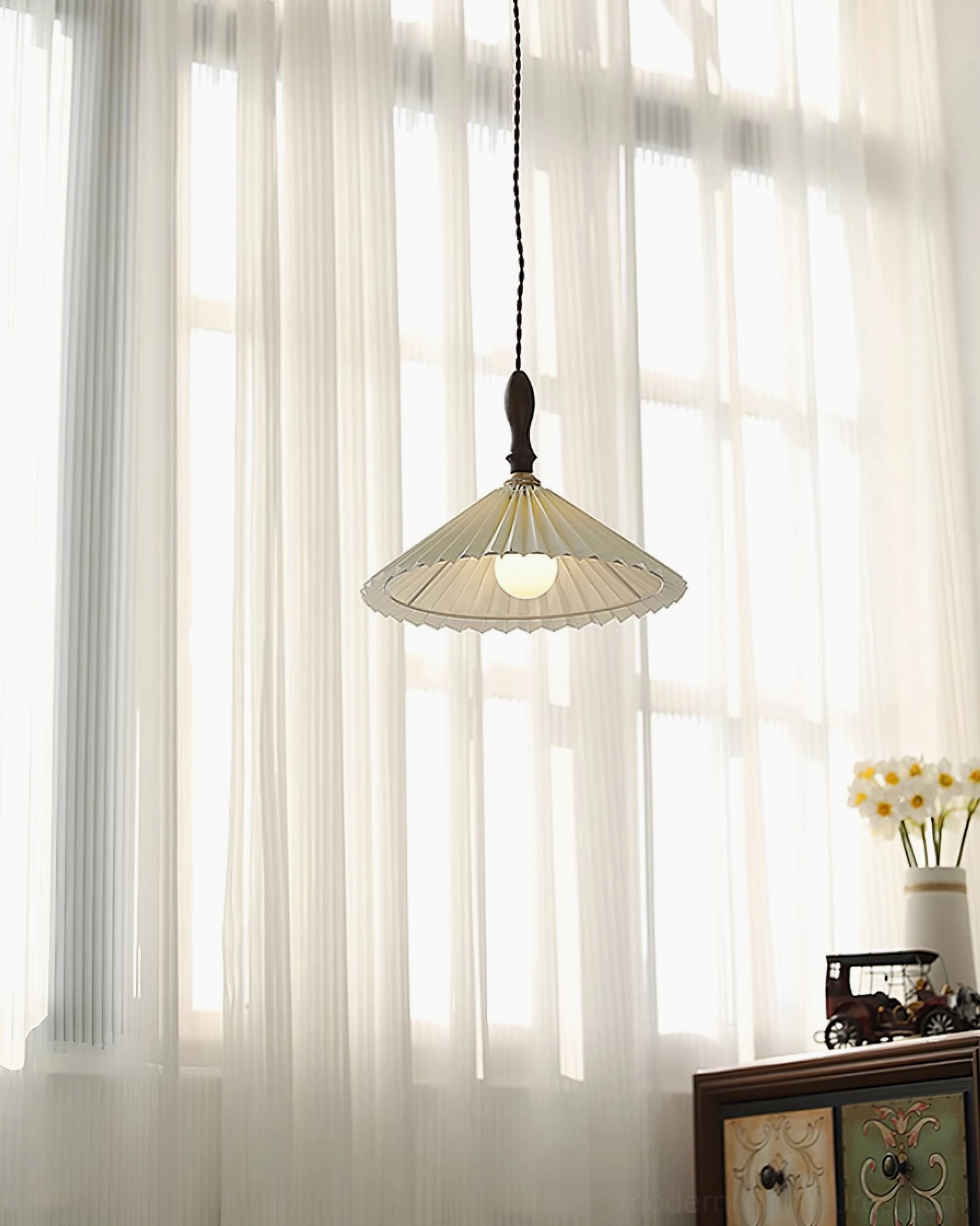 Modern walnut pleated pendant light fixture - detailed close-up of pleated fabric shade construction