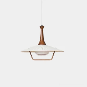 Walnut wood pleated pendant light with off-white fabric shade front view studio lighting