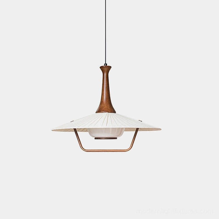Walnut wood pleated pendant light with off-white fabric shade front view studio lighting