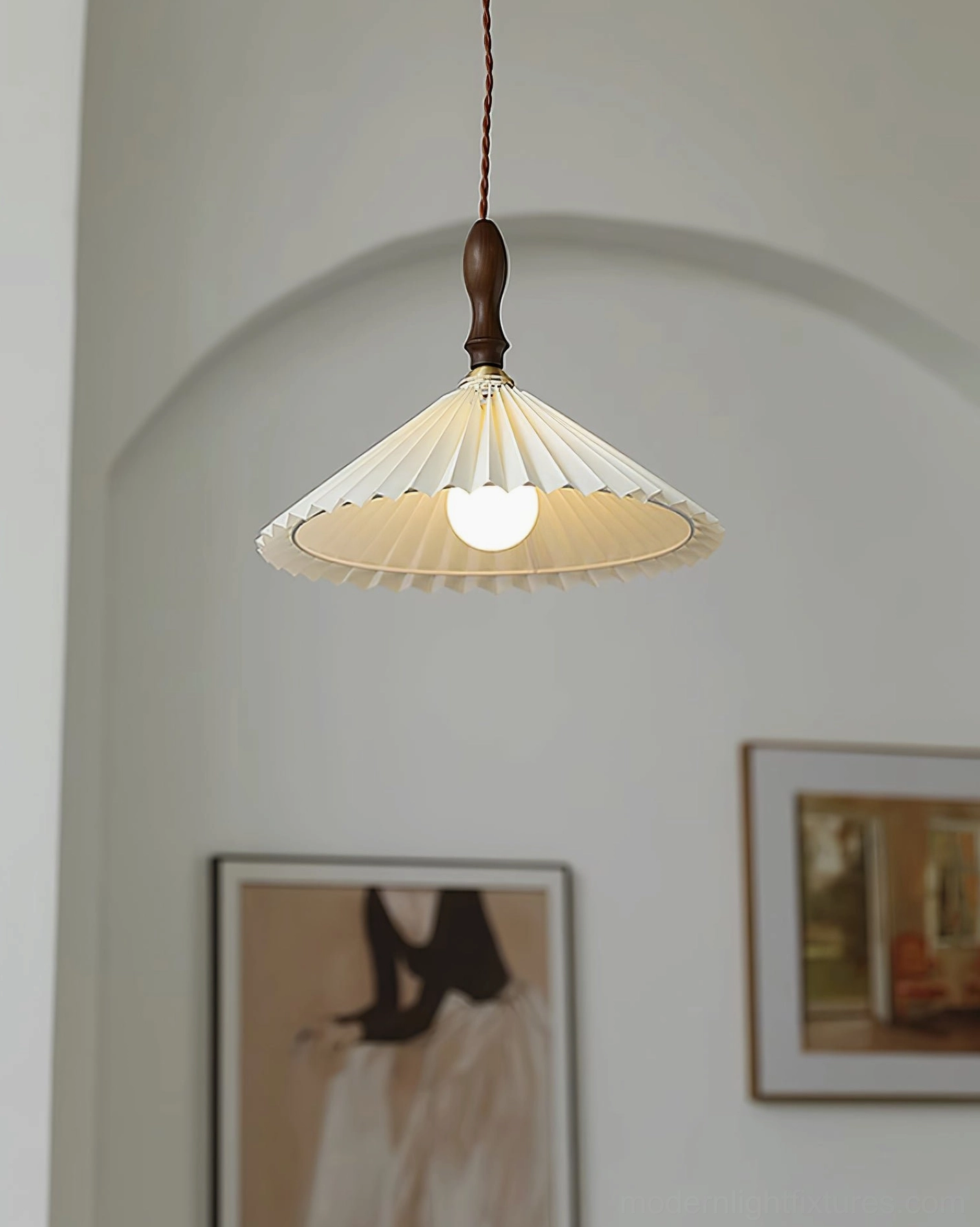 Multiple views of walnut pleated pendant light showing design versatility and installation options