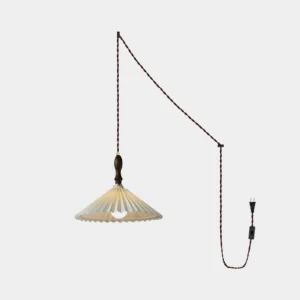 Walnut pleated pendant light with white conical fabric shade - front studio view showing modern minimalist design