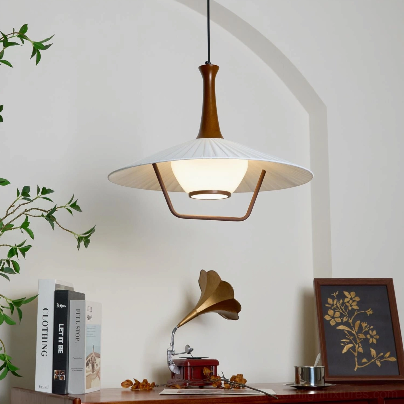 Walnut pleated pendant light fixture shadow pattern fabric shade soft light diffusion