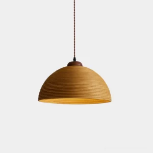 Walnut rattan dome pendant light with hand-carved grooves, front view on white background showing natural wood texture