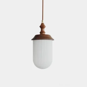 Veyra walnut wood pendant light with ribbed glass shade, front overhead close-up view on white background
