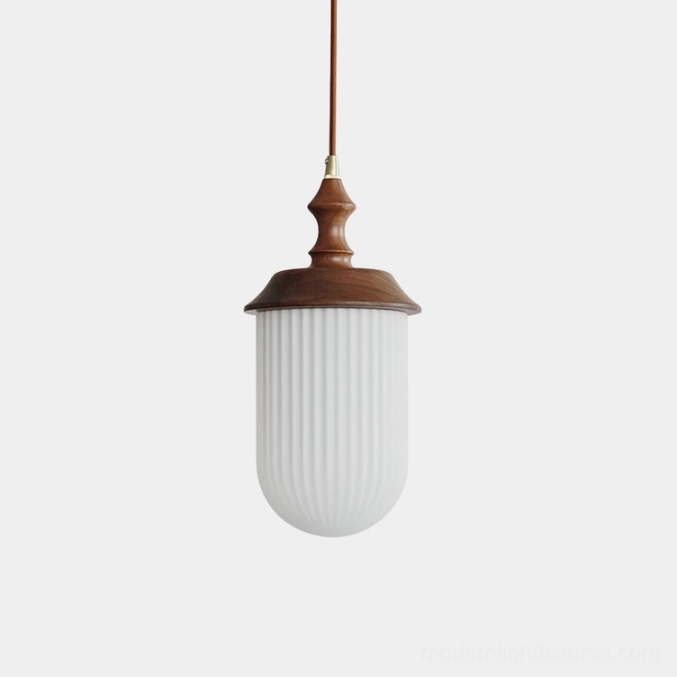 Veyra walnut wood pendant light with ribbed glass shade, front overhead close-up view on white background