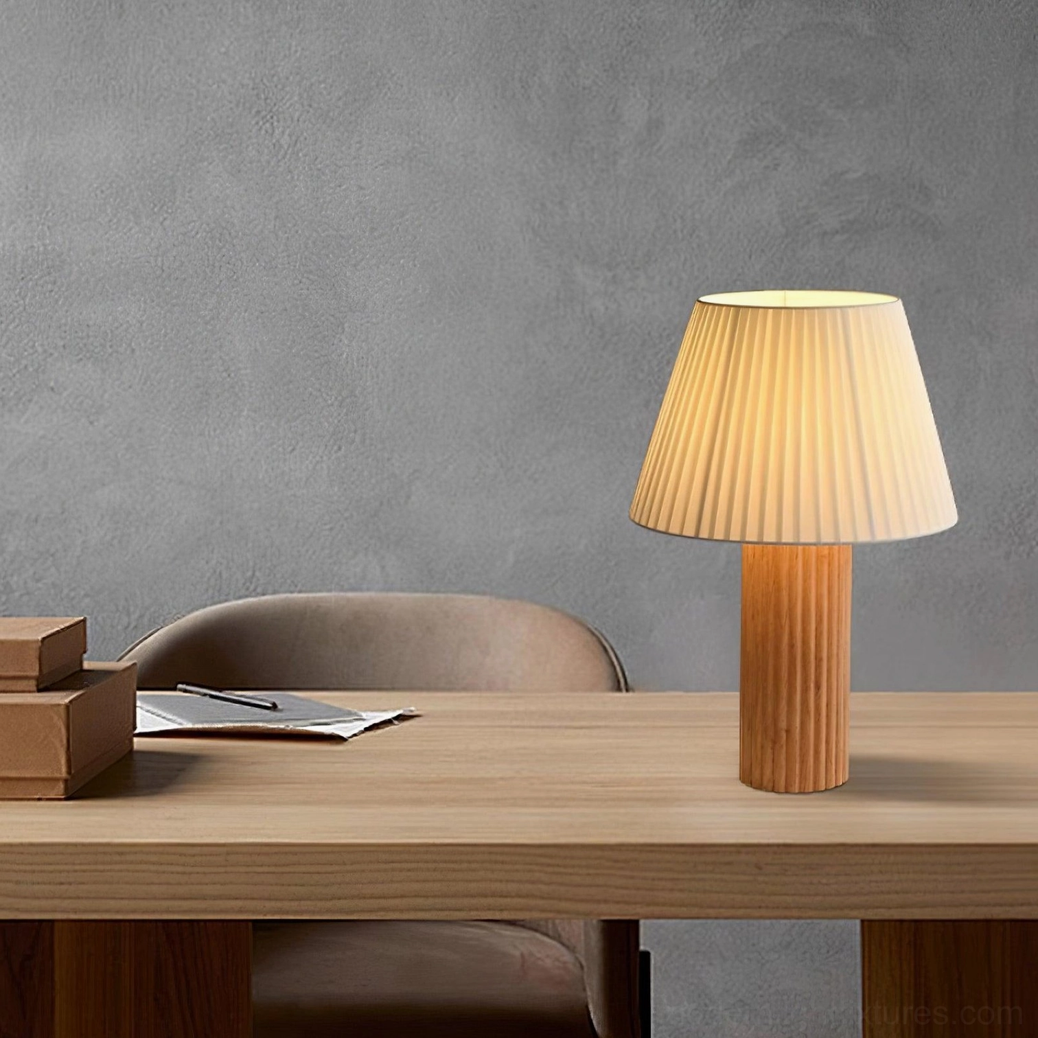 Walnut color ribbed wood table lamp with white pleated fabric shade in contemporary minimalist home interior design setting