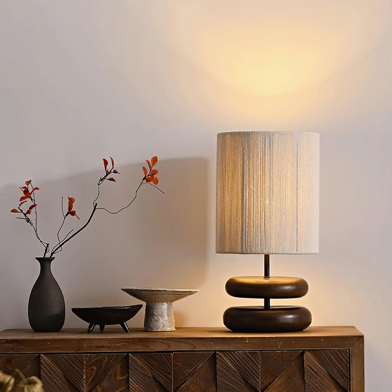 Walnut wood stacked base lamp with beige fabric shade - multiple color view