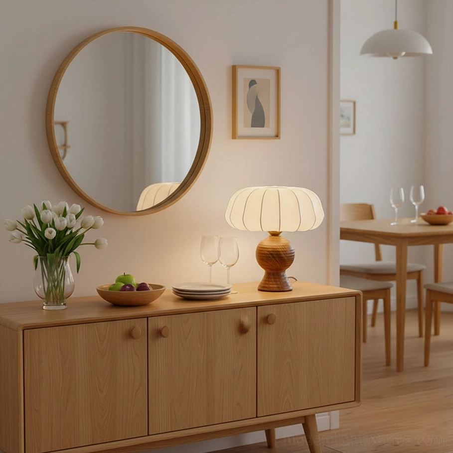 Dion walnut table lamp on dining room sideboard japandi style mid-century modern home decor
