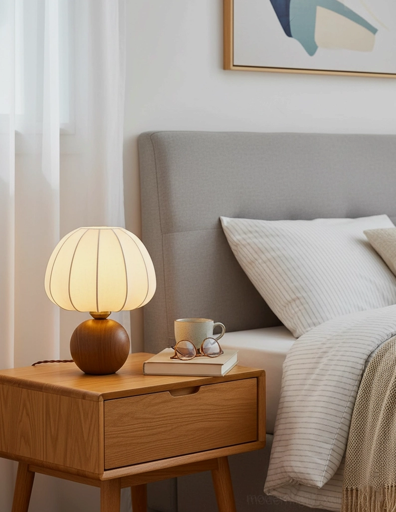 Walnut table lamp with gold metal accents pleated shade mid-century modern design detail