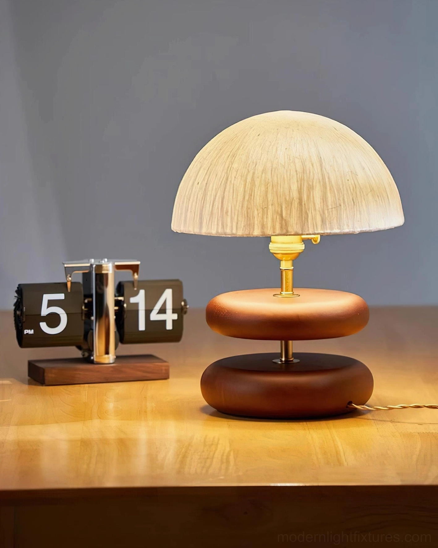 Walnut wood ring table lamp side three quarter view brass hardware textured fabric shade detail