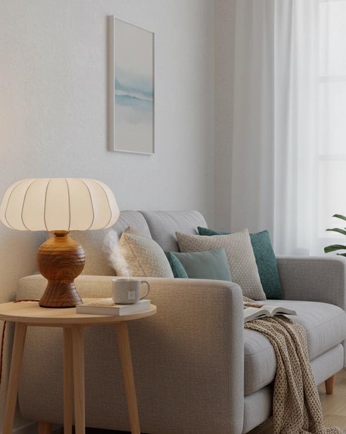 Walnut table lamp sofa side table cozy neutral home warm diffused lighting pleated shade