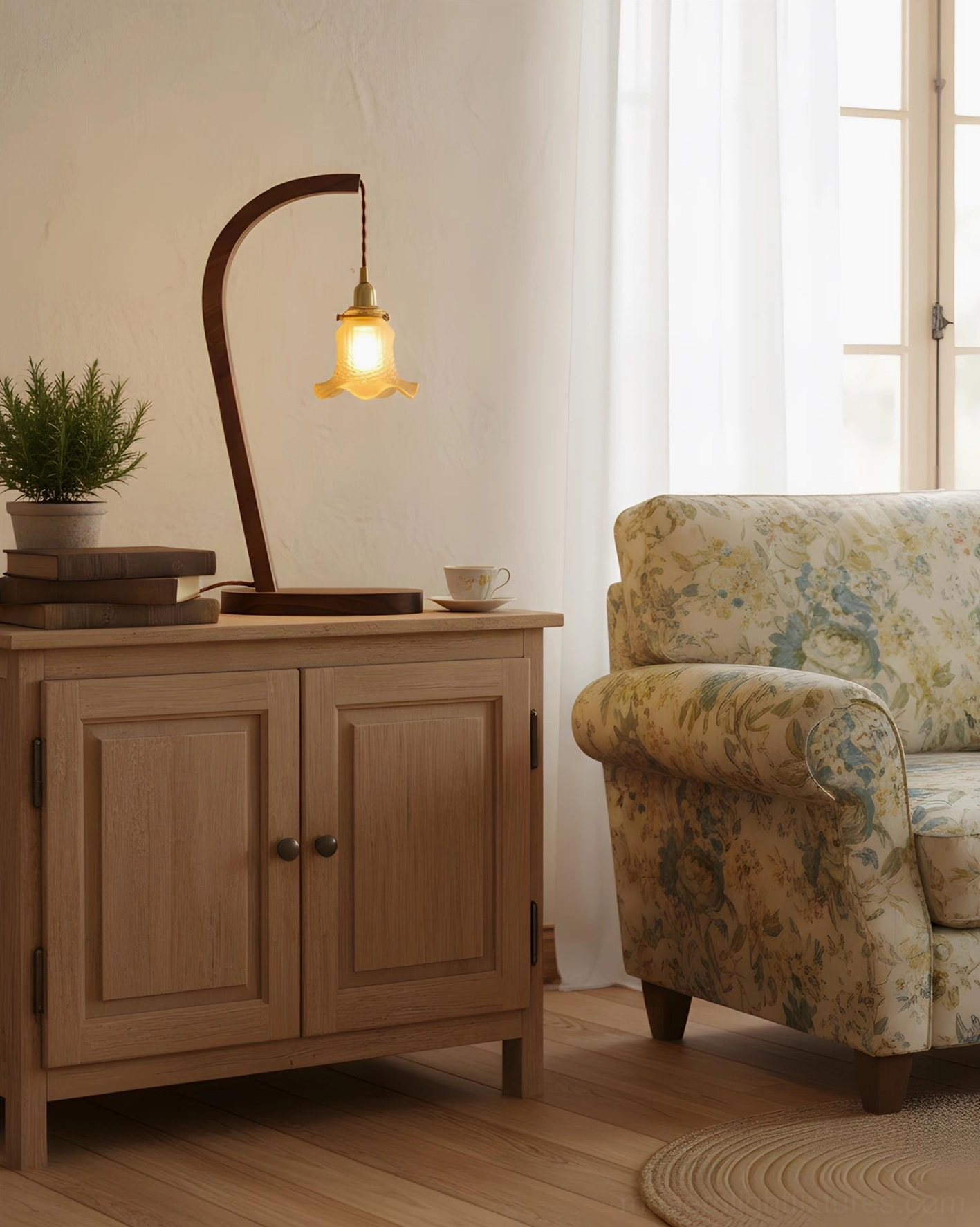 Walnut wood table lamp with white dome glass shade model B color variation