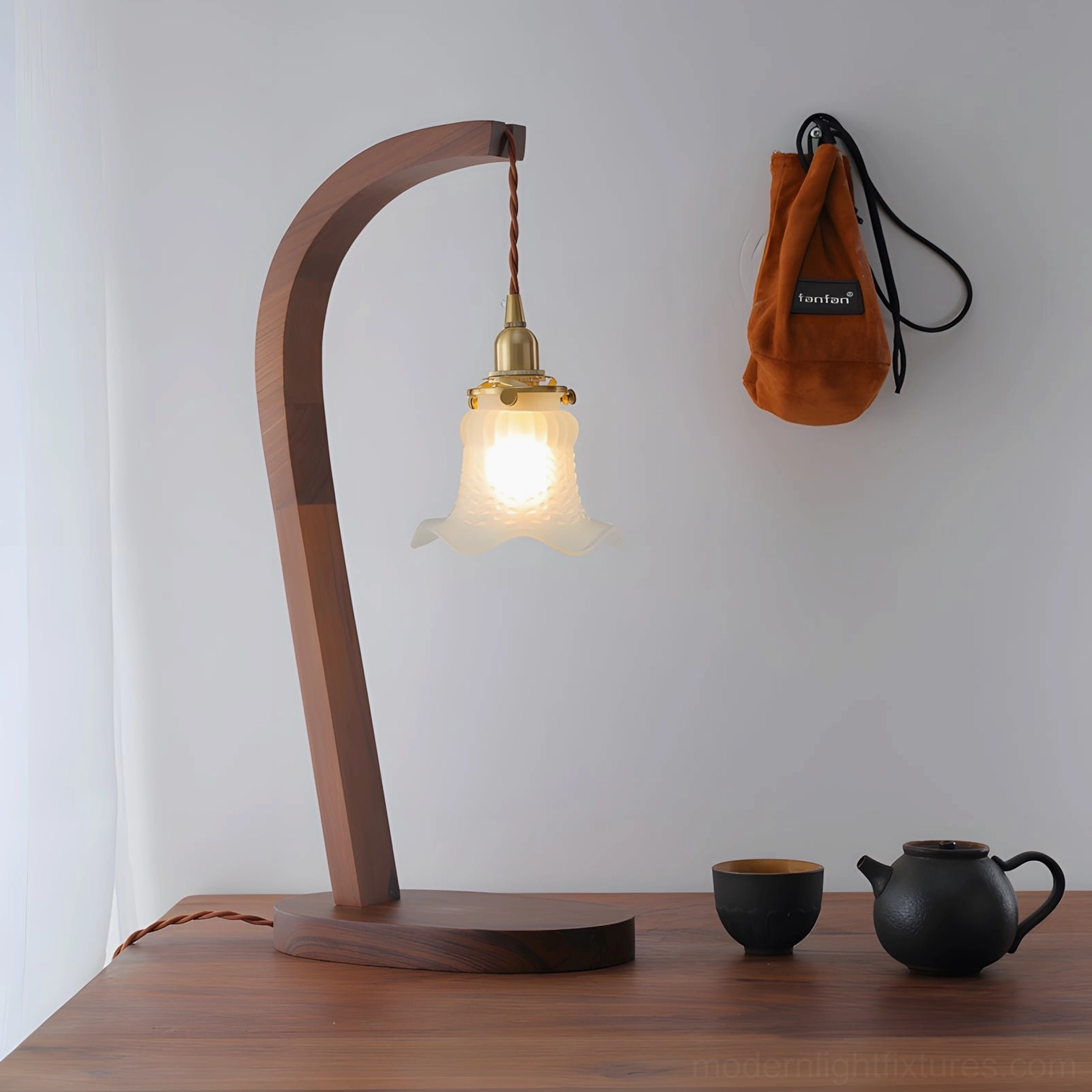 Walnut wood table lamp with white shade farmhouse rustic décor style setting