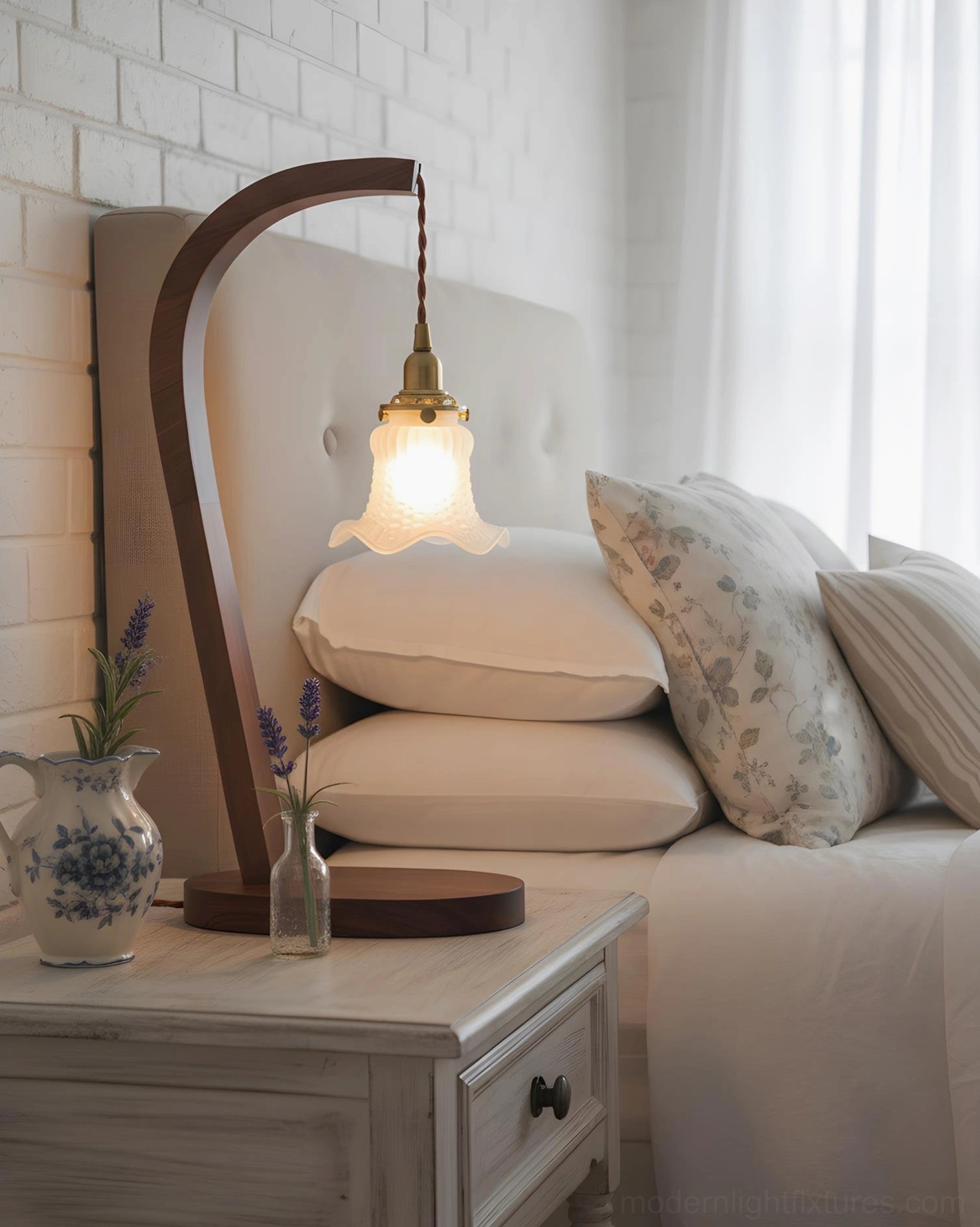 Walnut wood table lamp with white frosted glass shade modern minimalist style