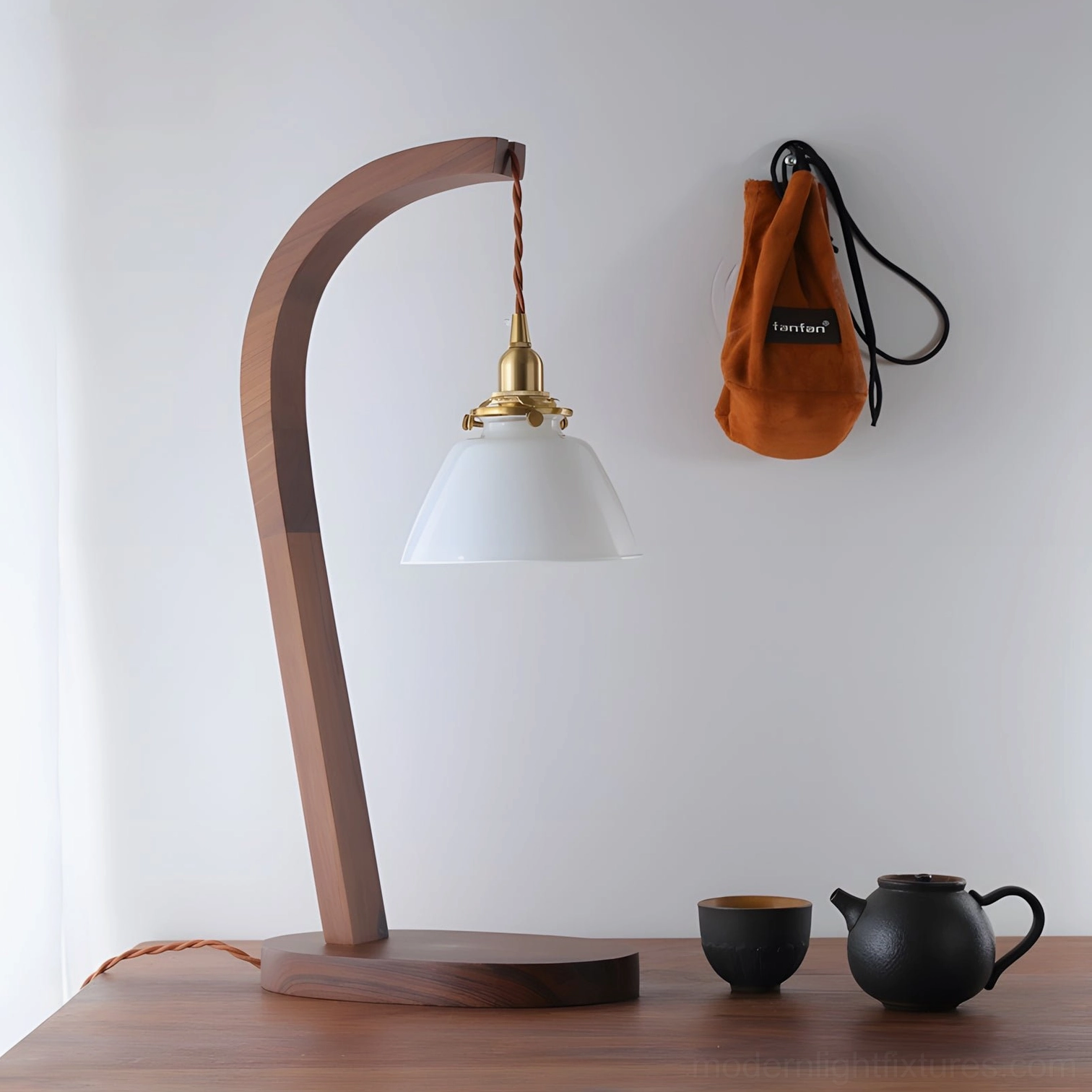 Walnut wood table lamp with white frosted glass shade model C color variation
