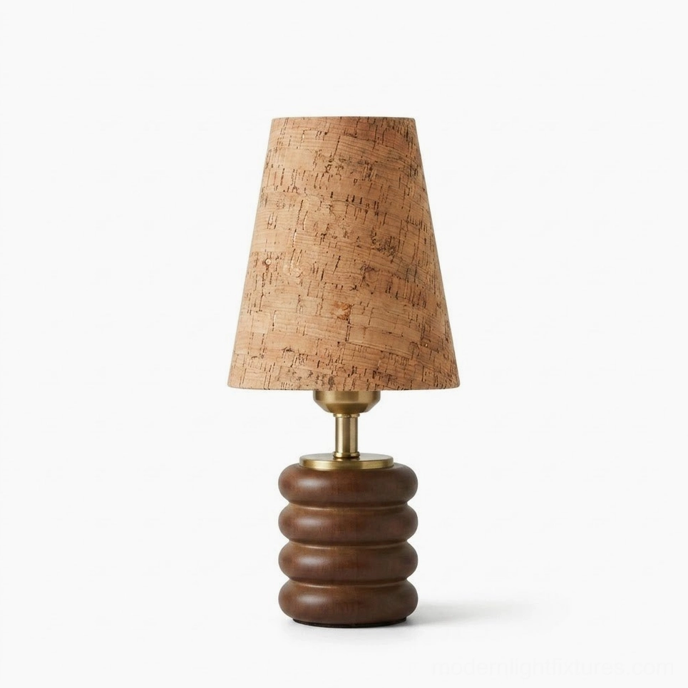 Walnut and tan cork table lamp with E27 socket, 16W 3000K warm white bulb included, compact design
