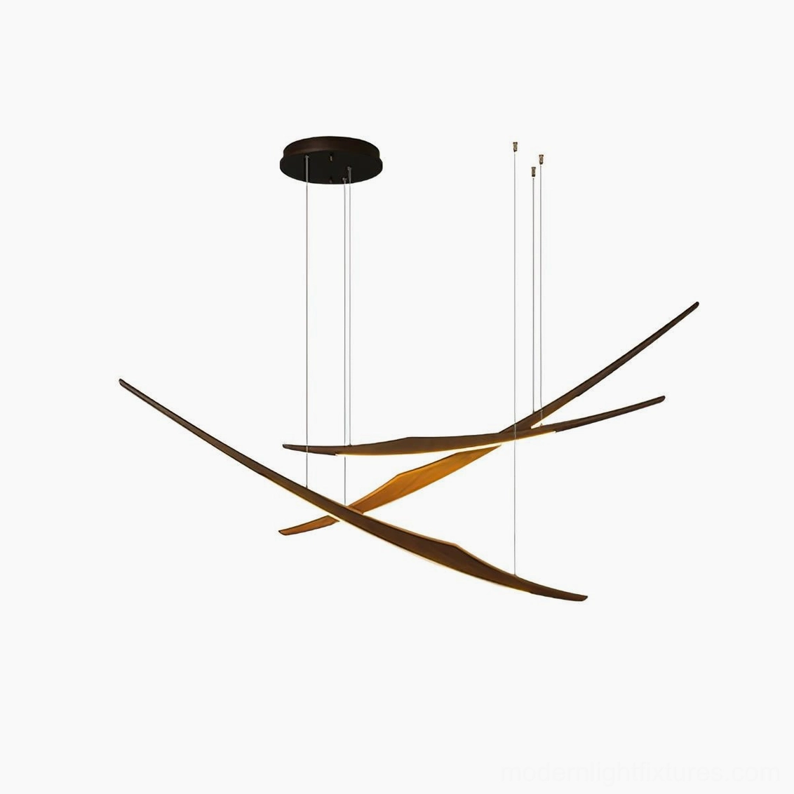 Walnut kinetic arc pendant chandelier three-head configuration artistic lighting fixture