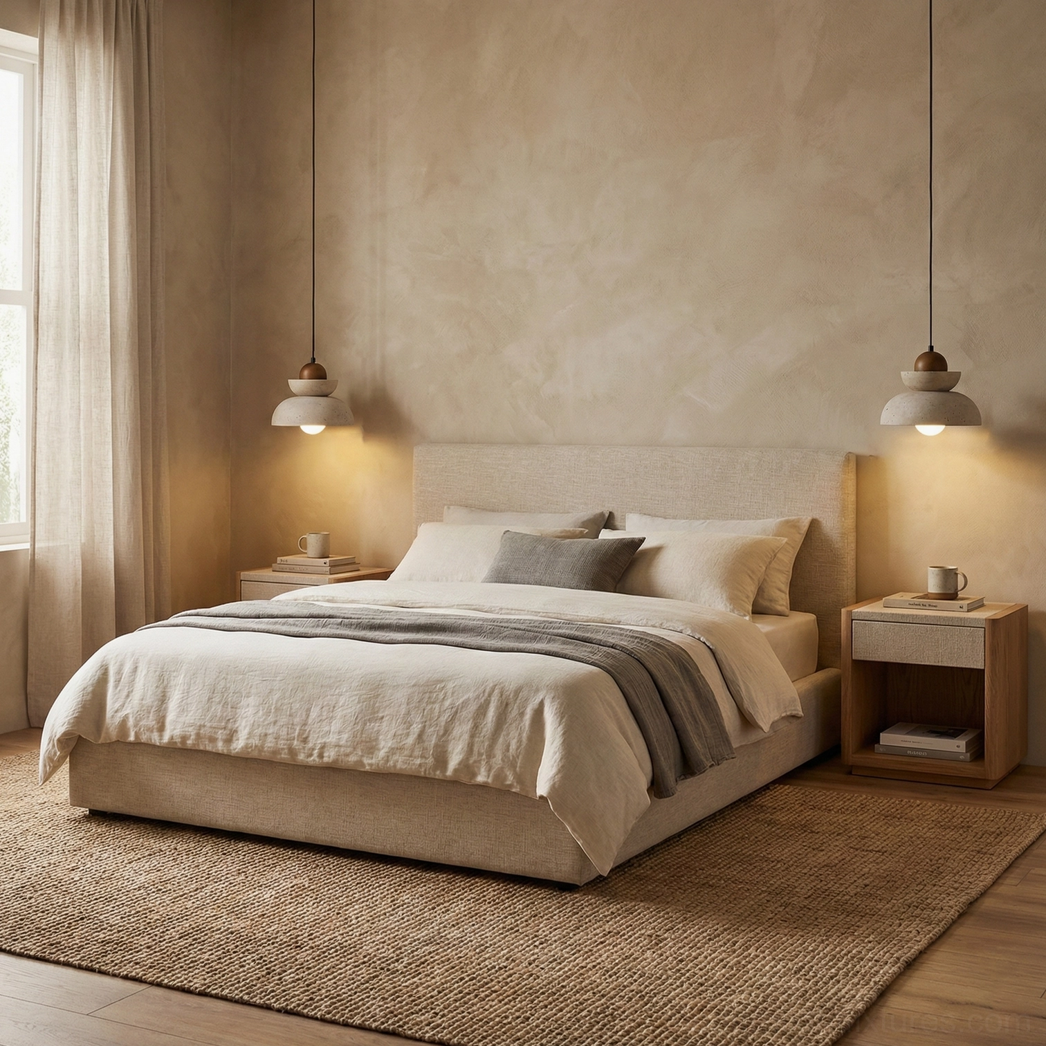 Modern pendant lamp with natural travertine shade and walnut wood top component