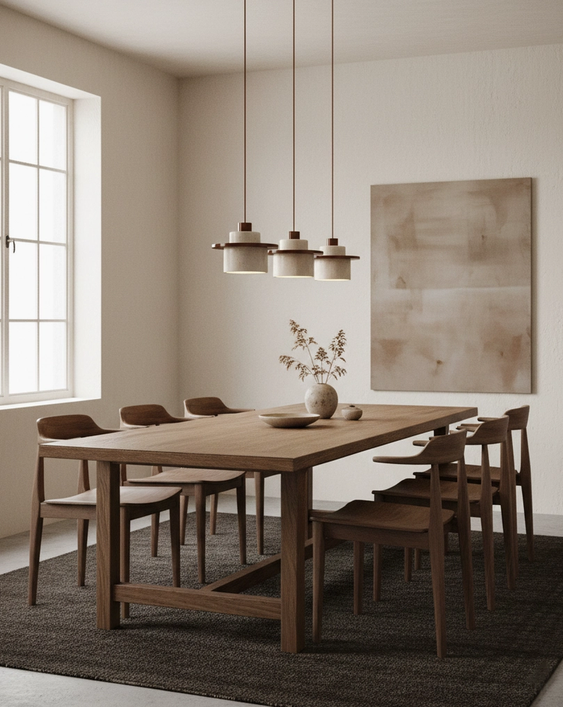 Modern travertine stone pendant light walnut wood color variant close-up