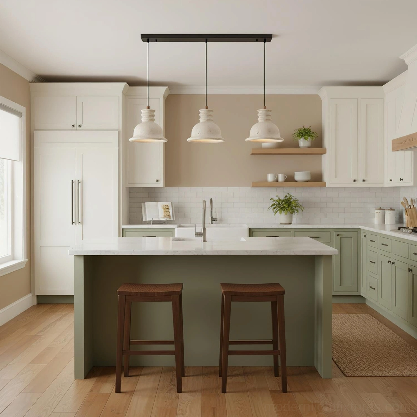 Walnut color travertine pendant light fixture in contemporary interior setting with warm organic aesthetic