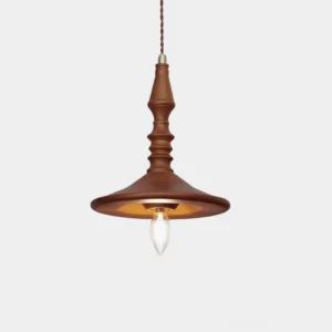 Handcrafted walnut wood pendant light with turned wood design, front low-angle studio view