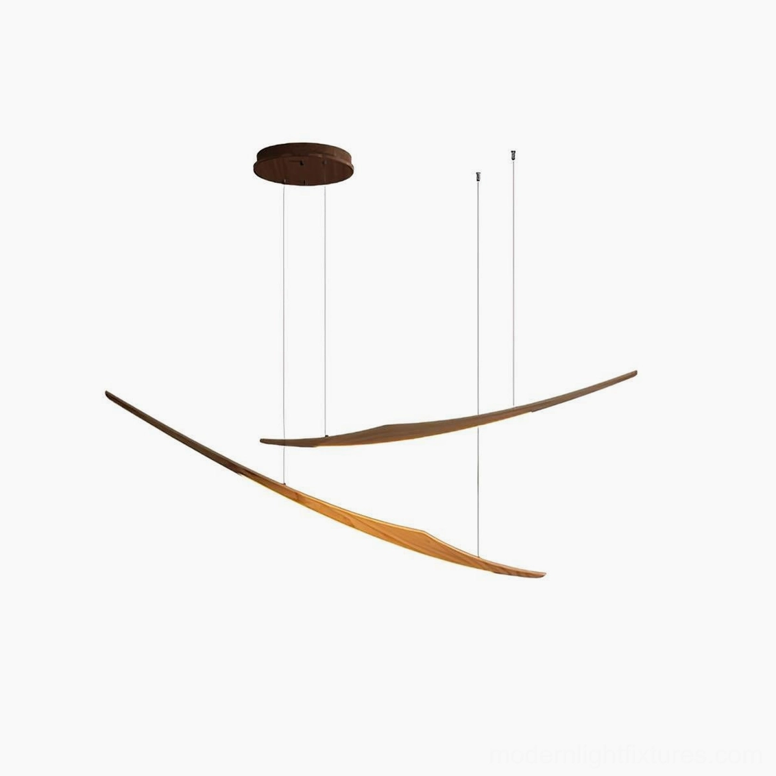 Walnut finish arc pendant chandelier demonstrating warm LED ambient lighting